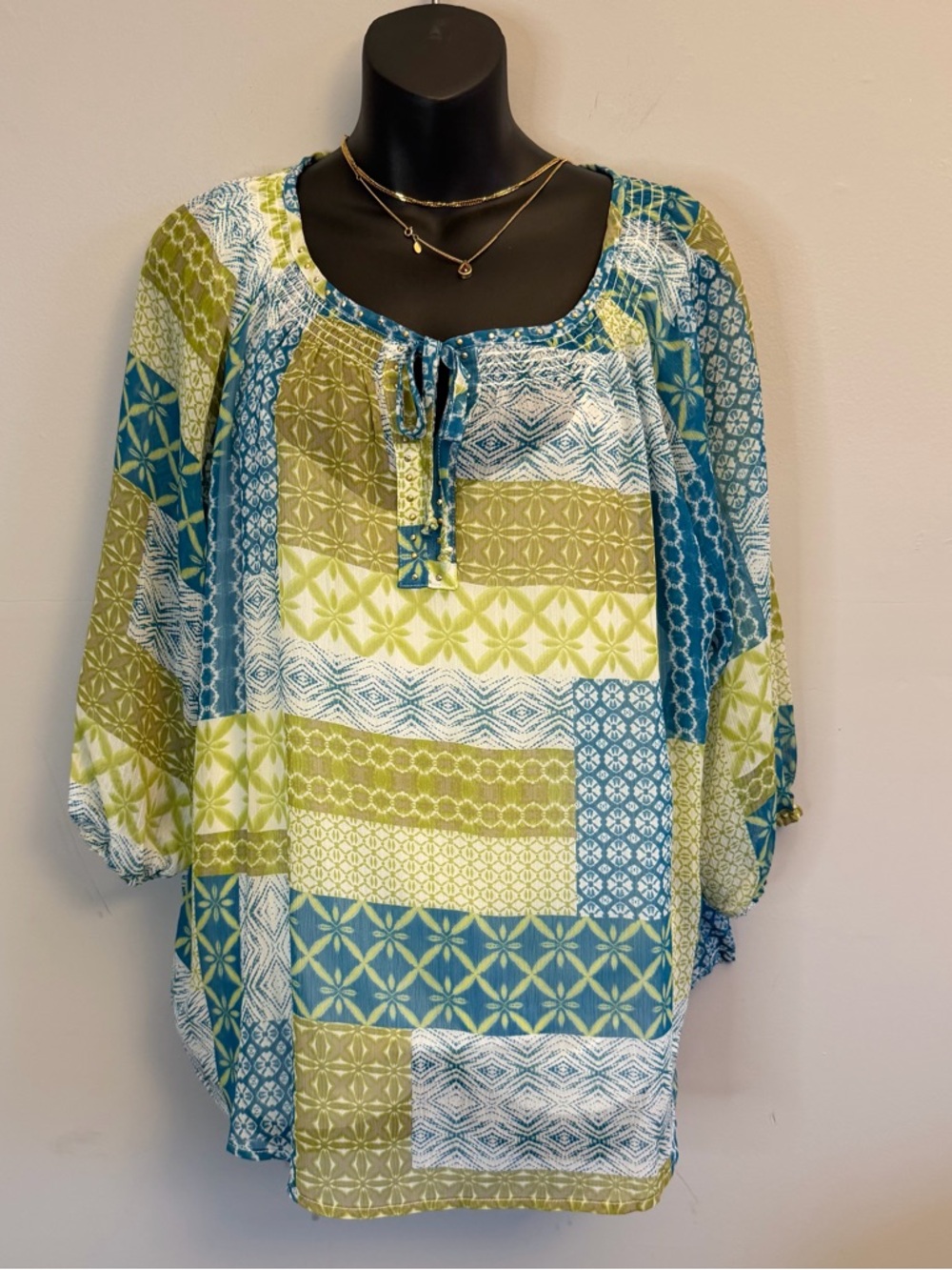 Women’s Patchwork Print Peasant Blouse - Blue & Green